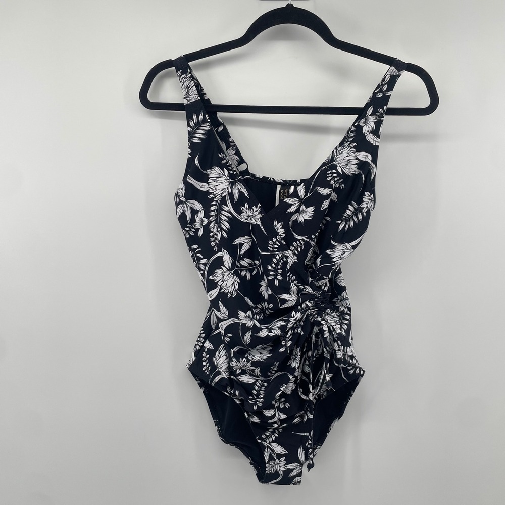 Niptuck Swim One Piece Womens 6 Black White Floral Ruched Wrap Swimsuit V-Neck